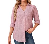 Enmain Chemiser en Lin Femme Chic et Élégant Manche Longue Mélange Coton-Lin Chemise Col en V Respirante Légère Ample Blouse Femme Rose pour Rendez-Vous Galant Dîner Taille XL