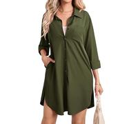 Enmain Robe chemisier pour femme à manches longues en coton avec boutons, tuniques décontractées avec poches, vert olive, XXL