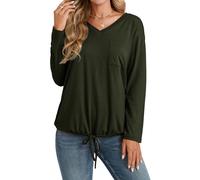 Enmain Tee Shirt Femme Vert Olive Manches Longues Col V Ample et Confortable avec Poche et Ourlet Réglable Idéal pour Yoga Maison Voyage et Week-End 2XL