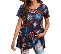 Enmain Tunique Femme Manches Courtes Grande Taille T-Shirt Été Chemisier Chic et Élégant Blouse à Motifs Imprimé Tee Shirt Col Rond Chemise Longue Noir Bleu Haut Ample pour Femmes XL