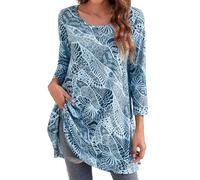 Enmain Tunique Top Femmes à Manches Longues à col Rond à Fleurs T-Shirt Bleues Blouse Ample T-Shirt pour Femme XL