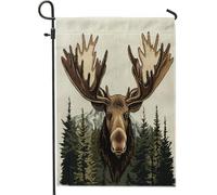Énorme drapeau de jardin en bois d'élan 30,5 x 45,7 cm double face pour extérieur, paysage forestier et forêt, drapeau de pelouse en toile de jute standard, drapeau de jardin, petite maison