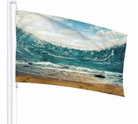 Énormes vagues entourant le drapeau de sable sec Décor 0,9 x 1,5 m Vague de tsunami Océan Inondation Sable Plage Catastrophe Polyester Motif imprimé Décoration extérieure pour maisons et jardins