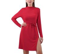 Enorsia Robe midi pour femme avec col montant et ceinture à nouer - Élégante robe fendue sur le côté avec ceinture tressée et pompons - Mélange de viscose douce - Tenue de soirée décontractée ou de