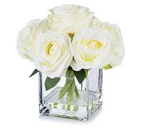 Enova Floral 7 Grandes tiges de Roses artificielles en Soie dans Un Vase Cube en Verre avec Eau synthétique pour décoration de Maison, Bureau, Mariage (crème)