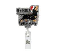 Enrouleur de badge de Noël amusant en forme de chien noir avec pince crocodile et paillettes argentées brillantes en acrylique rétractable pour étiquette d'identification de Noël pour médecins