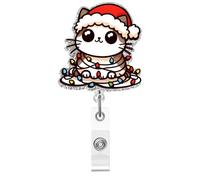 Enrouleur de badge de Noël en acrylique motif chat mignon pour carte d'identité, chapeau de Noël amusant, porte-badge télescopique rétractable, accessoires pour infirmière, travailleur médical
