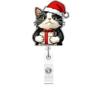 Enrouleur de badge de Noël en acrylique motif chat mignon pour carte d'identité, porte-badge télescopique amusant et rétractable avec pince crocodile pour infirmière, travailleur médical, étudiant en