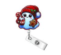 Enrouleur de badge de Noël rouge à paillettes - Enrouleur de badge de Noël rétractable avec pince crocodile - Chapeau de Noël - Café et poupée - Porte-badge avec pince crocodile pour infirmière