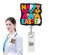 Enrouleur de badge de Pâques - Bobine de carte d'hôpital en acrylique - Motif lapin de dessin animé - Enrouleur de badges pour enseignants avec clip à ressort - Accessoire de bureau mignon