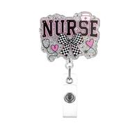 Enrouleur de badge d'infirmière à paillettes - Porte-badge rétractable avec nœud à carreaux - Stéthoscope et cœurs - Badge amusant RN LPN CNA MA - Accessoires d'infirmière pour le travail