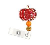 Enrouleur de badge en forme de citrouille à paillettes avec clip rétractable, motif d'érable à paillettes rouges automnales - Porte-badge décoratif pour infirmières, médecins, travailleurs sociaux