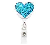 Enrouleur de badge rétractable avec clip de ceinture en forme de cœur pailleté Yo Yo - Porte-clés pour filles, infirmières, enseignantes, étudiantes - Bleu