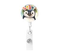Enrouleur de badge rétractable avec clip de ceinture et porte-clés - Motif pingouin portant des fleurs - Pour employés de bureau, médecins, infirmières