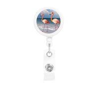 Enrouleur de badge rétractable avec clip et porte-clés - Porte-badge amusant - Flamant rose marchant sur la plage - Porte-badge pour employés de bureau, médecin, infirmière