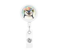 Enrouleur de badge rétractable avec motif pingouin portant des fleurs - Porte-nom - Porte-nom - Pour employés de bureau, médecins, infirmières - Enrouleur de badge avec clip de ceinture et porte-clés