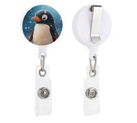 Enrouleur de badge rétractable avec pince crocodile - Motif pingouin dans la neige - Pour employés de bureau, médecins, infirmières