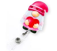 Enrouleur de badge rétractable en forme de nain de Saint-Valentin avec cœur pour infirmière, médecin, travailleur médical et enseignant | Joli porte-badge avec pince crocodile et cordon en nylon