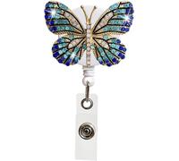 Enrouleur de badge rétractable en forme de papillon bleu avec strass en cristal - Porte-badge d'infirmière avec pince crocodile pivotante pour enseignants, étudiants, bénévoles, employés