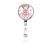 Enrouleur de badge rétractable en métal, aquarelle bohème cochon et fleurs roses, porte-badge rotatif à suspendre pour carte d'identité, porte-clés, pour infirmière, médecin, enseignant, bureau