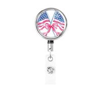 Enrouleur de badge rétractable en métal, aquarelle, deux drapeaux américains avec nœud féminin, porte-badge rotatif pour carte d'identité, porte-clés pour infirmière, médecin, enseignant, bureau