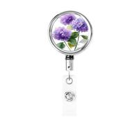 Enrouleur de badge rétractable en métal, aquarelle, trois fleurs d'hortensia violettes, porte-badge rotatif pour carte d'identité, porte-clés, pour infirmière, médecin, enseignant, bureau