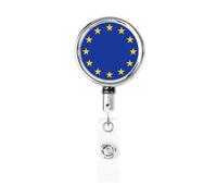 Enrouleur de badge rétractable en métal avec drapeau de l'Union européenne - Porte-badge rotatif à suspendre pour infirmière, médecin, enseignant, bureau