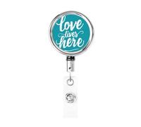 Enrouleur de badge rétractable en métal avec inscription « Love Lives Here On » - Turquoise - Pour infirmière, médecin, enseignant, bureau
