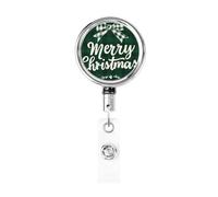 Enrouleur de badge rétractable en métal avec inscription « Merry Christmas » sur blanc et vert à carreaux - Porte-badge rotatif à suspendre pour infirmière, médecin, enseignant, bureau