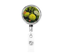 Enrouleur de badge rétractable en métal avec motif floral vert militaire foncé pour carte d'identité, porte-clé pour infirmière, médecin, enseignant, bureau