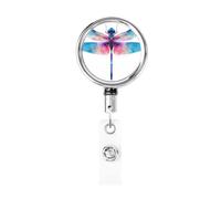 Enrouleur de badge rétractable en métal avec motif libellule bleu et rose aquarelle, porte-badge rotatif pour carte d'identité, porte-clé pour infirmière, médecin, enseignant, bureau