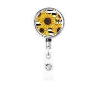 Enrouleur de badge rétractable en métal avec motif tournesols noirs et blancs - Porte-badge rotatif à suspendre pour carte d'identité, infirmière, médecin, enseignant, bureau