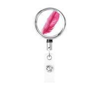 Enrouleur de badge rétractable en métal avec plume rose - Porte-badge rotatif à suspendre pour infirmière, médecin, enseignant, bureau