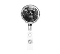 Enrouleur de badge rétractable en métal avec tête de mort humaine gothique esthétique, porte-badge rotatif à suspendre pour carte d'identité, porte-clés pour infirmière, médecin, enseignant, bureau