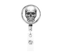 Enrouleur de badge rétractable en métal avec tête de mort humaine noir et blanc, porte-badge rotatif à suspendre pour carte d'identité, porte-clés, pour infirmière, médecin, enseignant, bureau