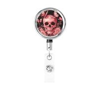 Enrouleur de badge rétractable en métal avec tête de mort rose et papillons et roses, porte-badge rotatif à suspendre pour carte d'identité, porte-clé pour infirmière, médecin, enseignant, bureau