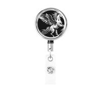 Enrouleur de badge rétractable en métal, beau cheval avec ailes, porte-badge rotatif pour carte d'identité, porte-clés pour infirmière, médecin, enseignant, bureau