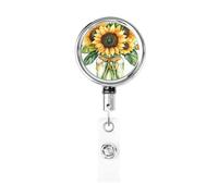 Enrouleur de badge rétractable en métal, bouquet de tournesol dans un bocal en verre, porte-badge rotatif pour carte d'identité, porte-clés, pour infirmière, médecin, enseignant, bureau