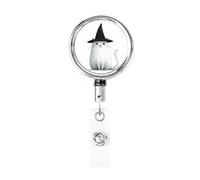Enrouleur de badge rétractable en métal, chat blanc portant un chapeau de sorcière noir, porte-badge rotatif pour carte d'identité, porte-clés, pour infirmière, médecin, enseignant, bureau