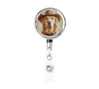 Enrouleur de badge rétractable en métal, chien Golden retriever portant un chapeau de cowboy avec porte-badge rotatif pour carte d'identité, porte-clés pour infirmière, médecin, enseignant, bureau