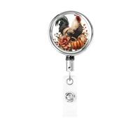Enrouleur de badge rétractable en métal, coq avec citrouilles et feuilles, style bohème, porte-badge rotatif à suspendre pour infirmière, médecin, enseignant, bureau
