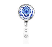 Enrouleur de badge rétractable en métal de style bohème avec motif floral bleu rotatif à suspendre pour infirmière, médecin, enseignant, bureau