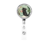 Enrouleur de badge rétractable en métal - En porcelaine antique - Motif chat noir - Porte-badge pour évier - Porte-badge rotatif à suspendre - Pour infirmière, médecin, enseignant, bureau