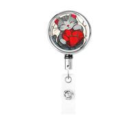 Enrouleur de badge rétractable en métal - En verre teinté - Chat gris et cœur rouge - Porte-badge rotatif à suspendre - Pour infirmière, médecin, enseignant, bureau