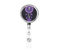 Enrouleur de badge rétractable en métal, fleur surréaliste avec tête de mort humaine, porte-badge rotatif, porte-clés à suspendre pour infirmière, médecin, enseignant, bureau