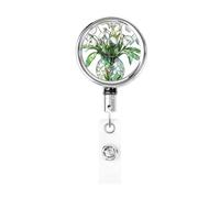 Enrouleur de badge rétractable en métal, fleurs perce-neige dans un vase en verre, porte-badge rotatif pour carte d'identité, porte-clés, pour infirmière, médecin, enseignant, bureau