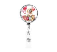 Enrouleur de badge rétractable en métal, joli chiot heureux tenant un panneau d'amour en bois, porte-badge rotatif à suspendre pour infirmière, médecin, enseignant, bureau