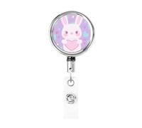 Enrouleur de badge rétractable en métal, joli lapin tenant un grand cœur en forme de cœur, porte-badge rotatif à suspendre pour infirmière, médecin, enseignant, bureau