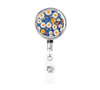 Enrouleur de badge rétractable en métal, marguerites et soucis d'art folklorique rotatif pour carte d'identité, porte-clés, pour infirmière, médecin, enseignant, bureau