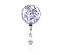 Enrouleur de badge rétractable en métal, motif fleur indienne bleue et blanche, porte-badge rotatif pour carte d'identité, porte-clés, pour infirmière, médecin, enseignant, bureau